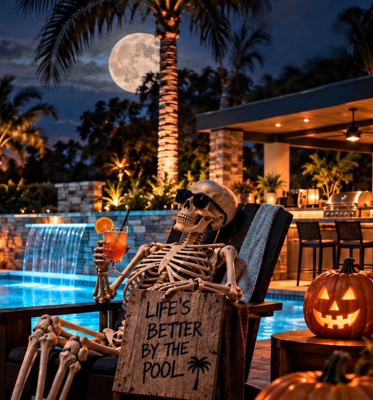 A skeleton in sunglasses lounging poolside at night under a full moon, holding a cocktail and a sign reading Life's Better by the Pool, with jack-o'-lanterns, a lit waterfall, and an outdoor kitchen behind