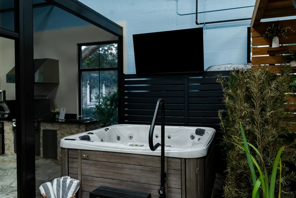 Hot tub vignette with pergola and privacy screen
